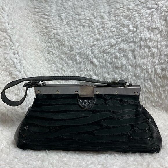Patricia Nash Black leather & calf hair zebra Stripes silver tone frame Satchel - Picture 4 of 16